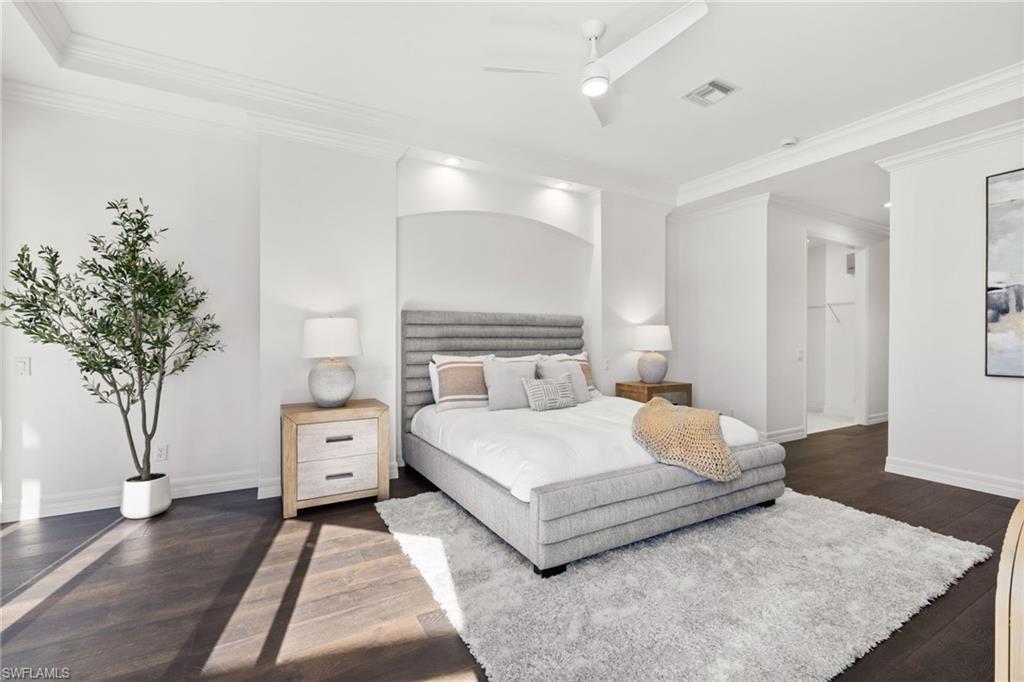 1624 Manchester Court Naples, FL 34109 - Photo 24 of 49 Bedroom featuring crown molding, dark wood-style floors, a ceiling fan, and recessed lighting