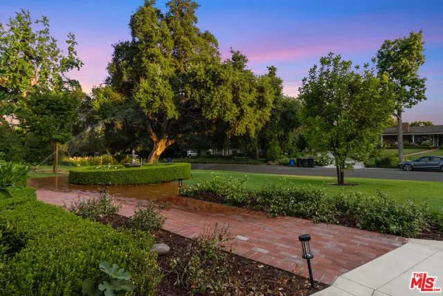 a view of a park with large trees