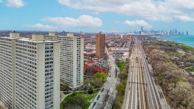 a view of a city with tall buildings