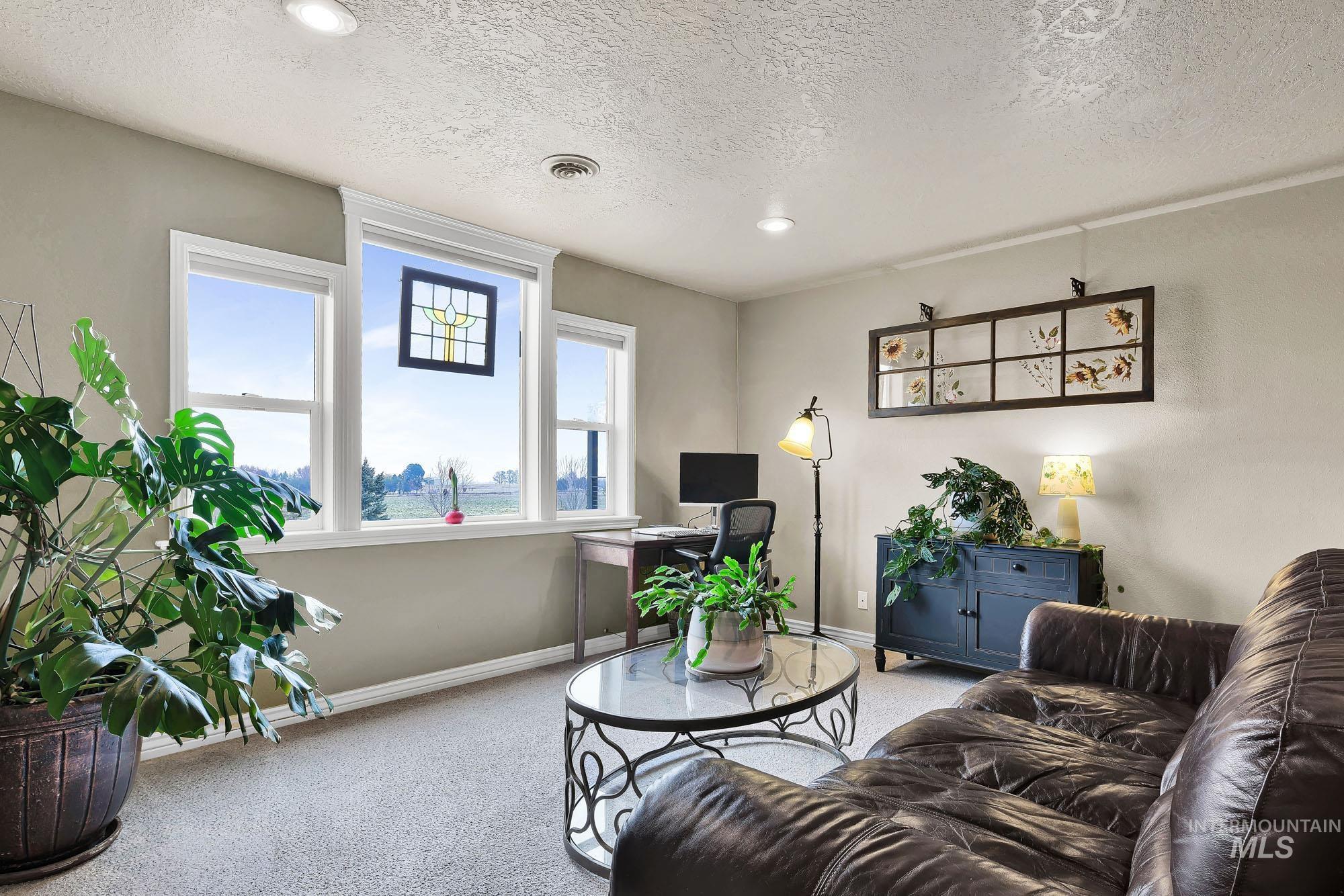 19288 Majestic View Place Caldwell, ID 83607 - Photo 27 of 50 Living room with light carpet, recessed lighting, a textured ceiling, and a desk