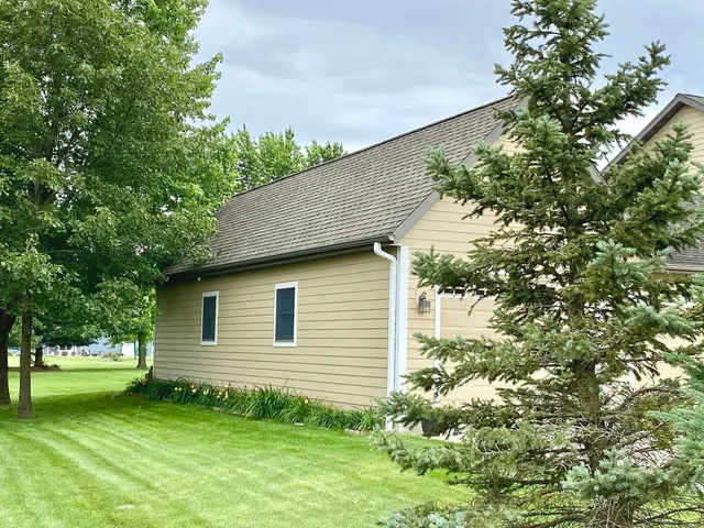 a backyard of a house with plants and large tree