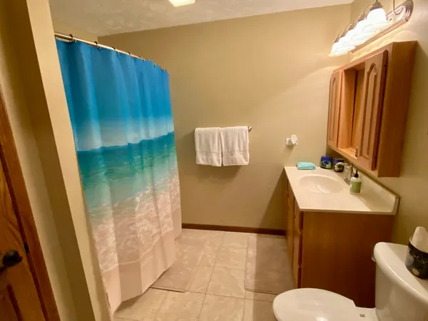 a bathroom with a sink a toilet and mirror