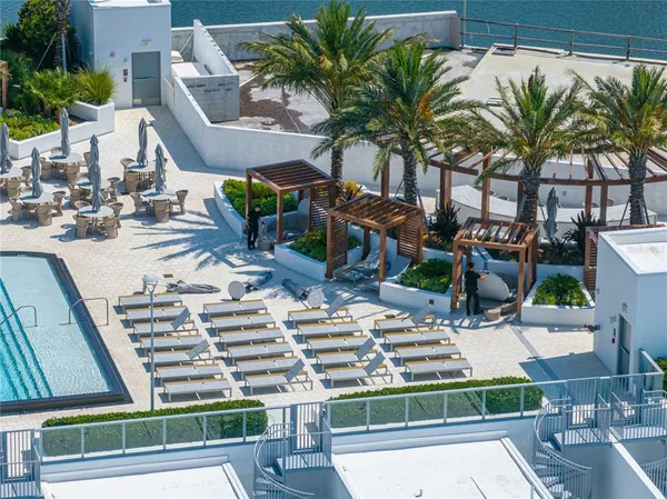 a view of a building with a swimming pool