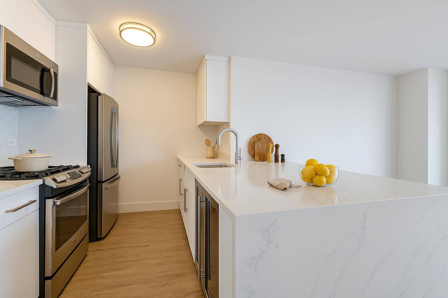 1735 York Avenue, Unit 12H Manhattan, NY 10128 - Photo 3 of 23 a kitchen with a sink a stove top oven a refrigerator and a stove