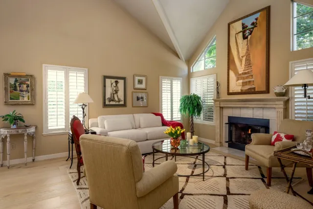a living room with furniture and a fireplace