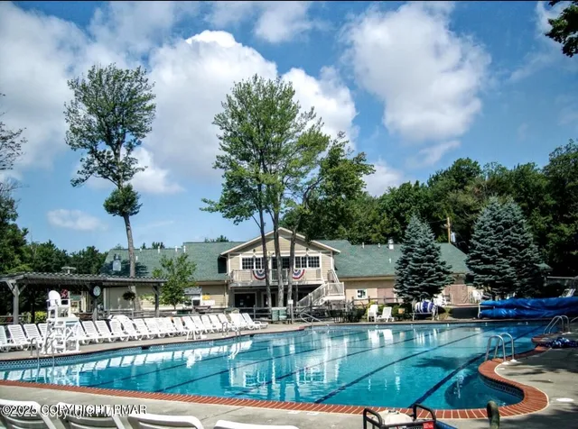 a view of a swimming pool with a bench