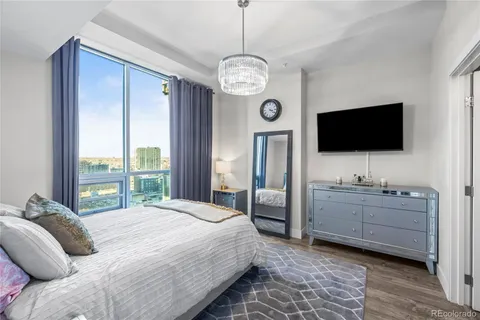 a bedroom with a bed and a flat tv screen on the dresser