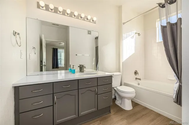 a bathroom with a double vanity sink toilet mirror and shower