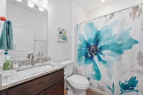 a bathroom with a granite countertop sink a toilet and a mirror