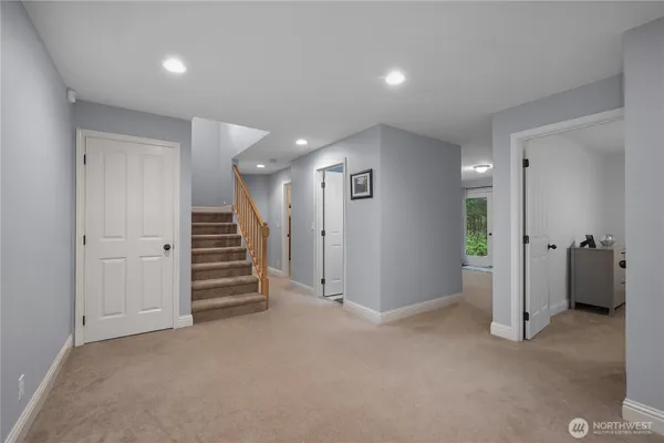 an empty room with a bathroom