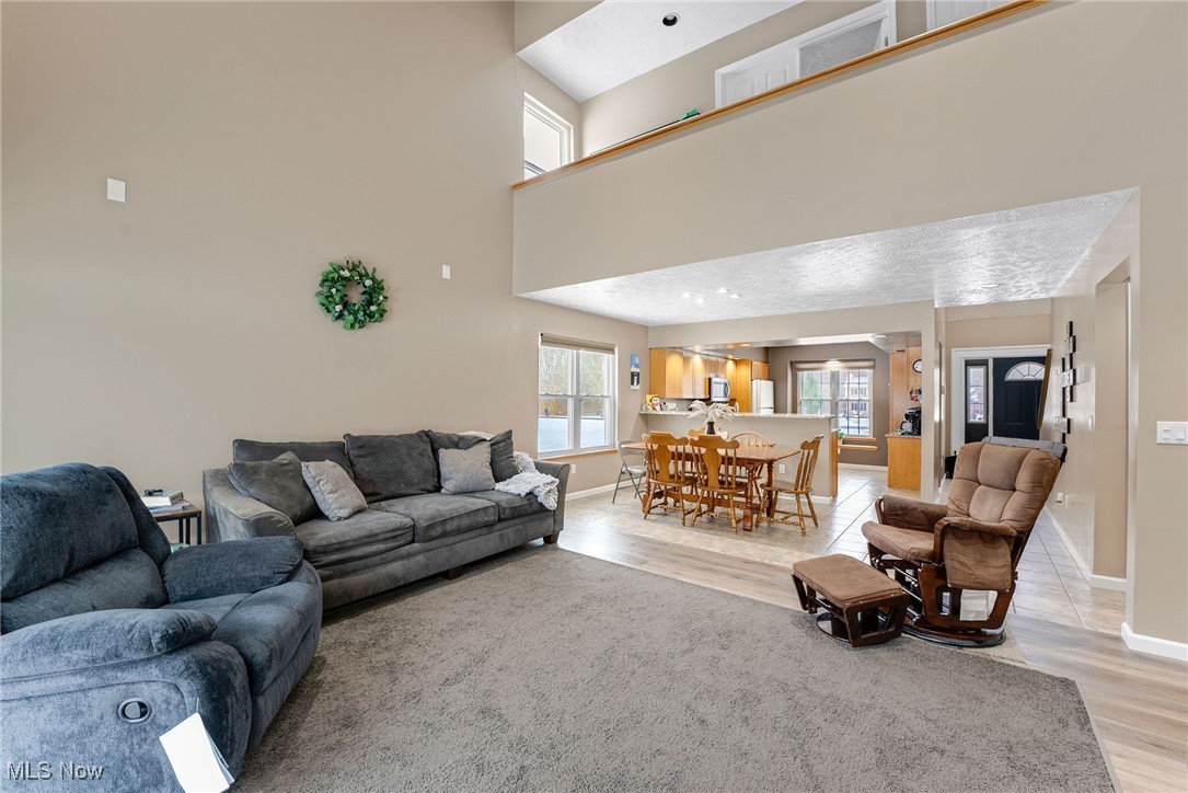 200 Bates Road Madison, OH 44057 - Photo 9 of 42 Living room with baseboards, light wood-style floors, and a towering ceiling