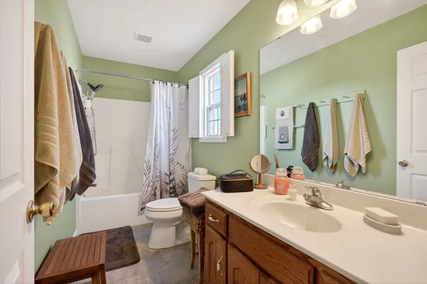 a bathroom with a sink a toilet and a large mirror