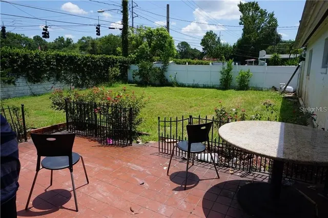 a view of a chairs and table in patio