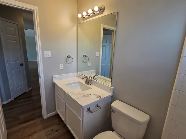 a bathroom with a toilet sink and mirror