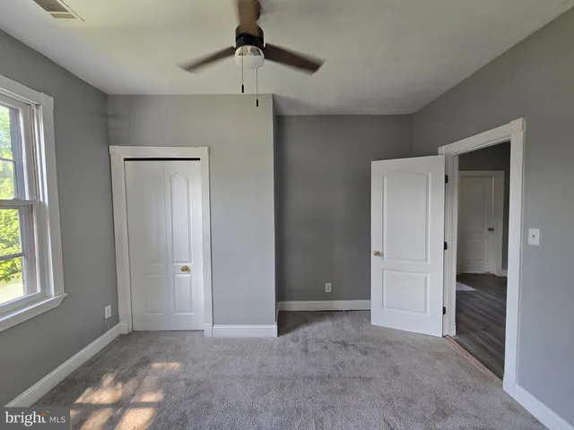 a backyard of a house with plants and large tree