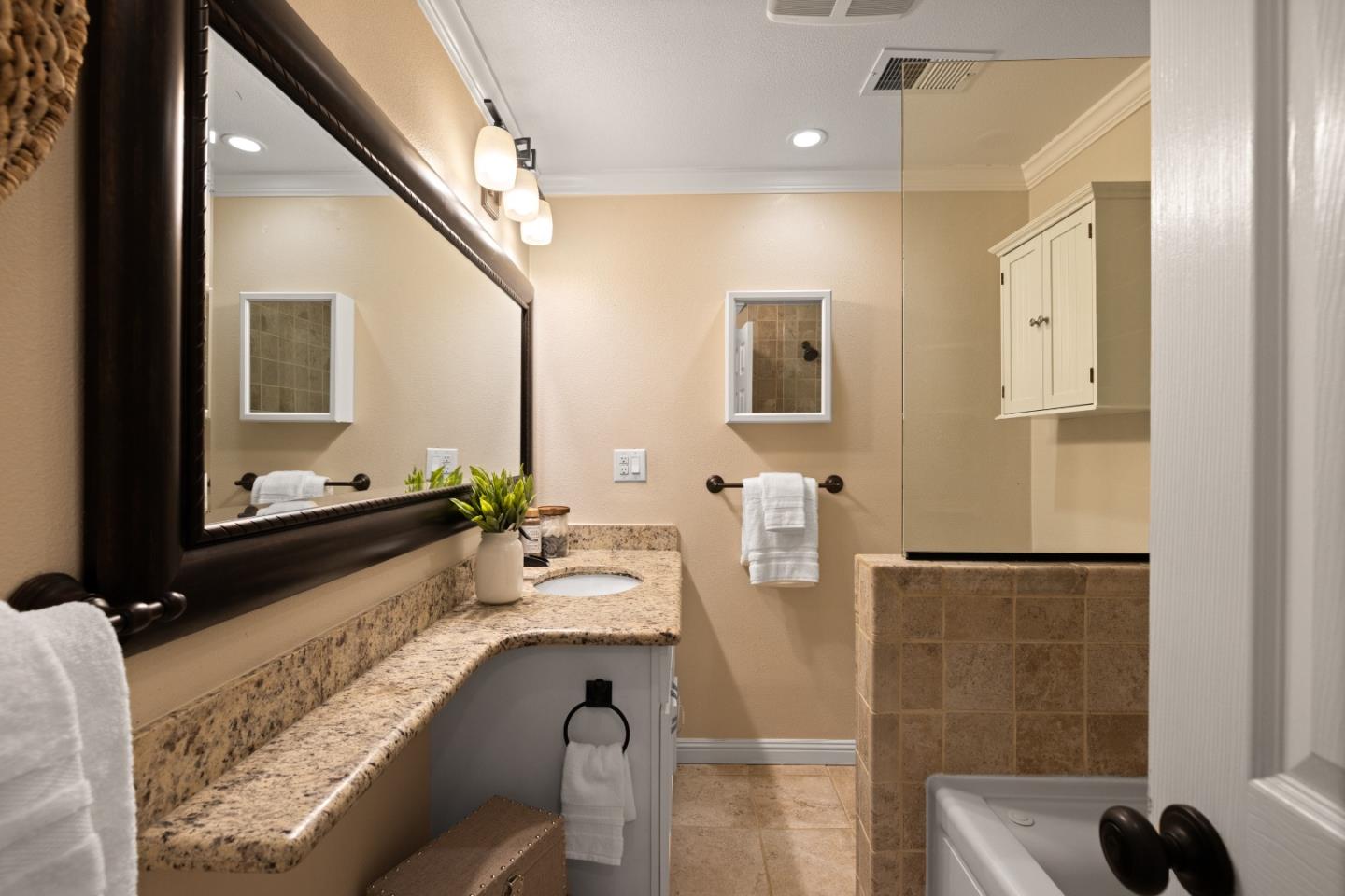 866 Morningside Drive Millbrae, CA 94030 - Photo 55 of 57 a bathroom with a granite countertop sink a mirror and shower