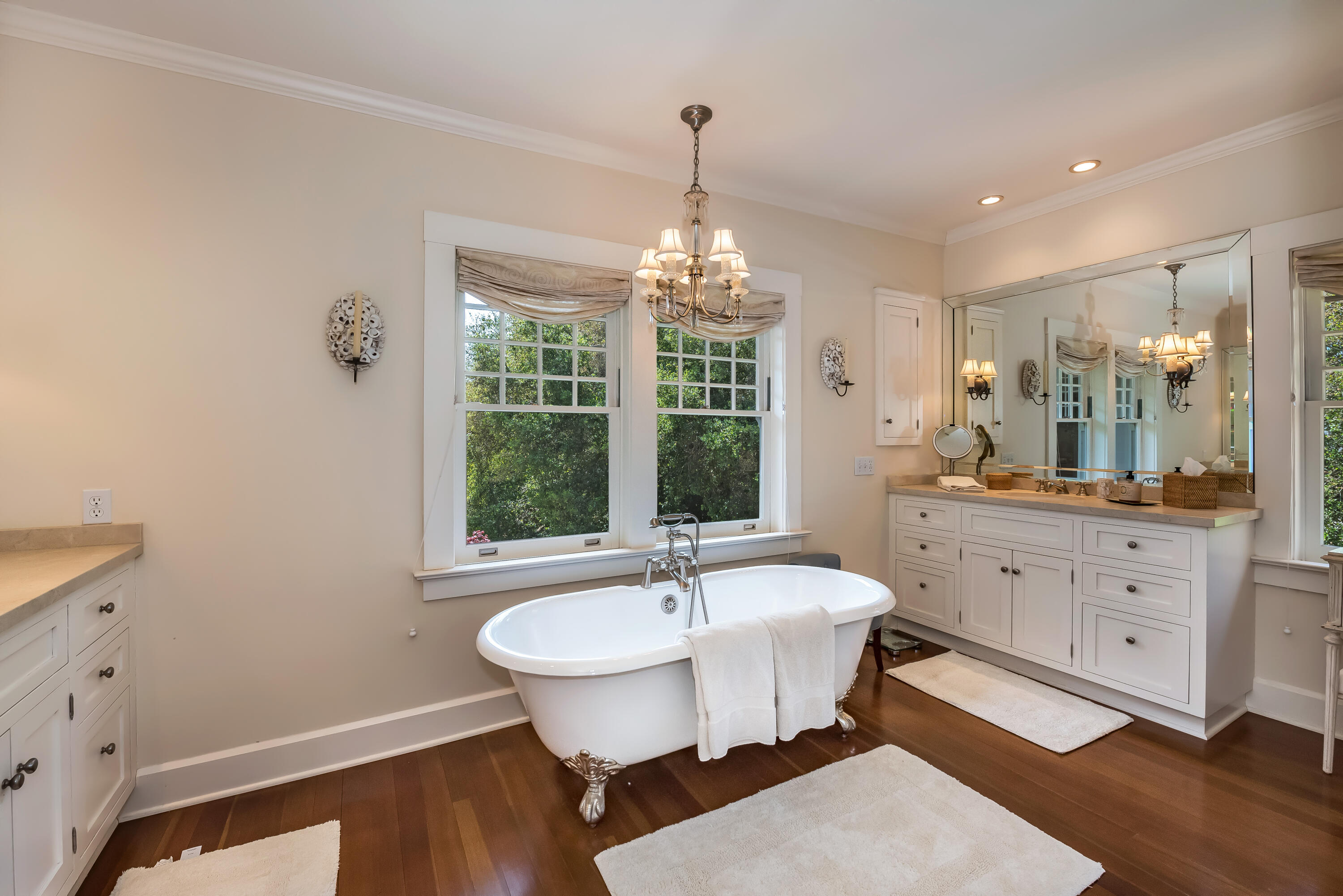 287 Middle Montecito Ca Montecito, CA 93108 - Photo 13 of 25 a spacious bathroom with a granite countertop sink a mirror and a bathtub