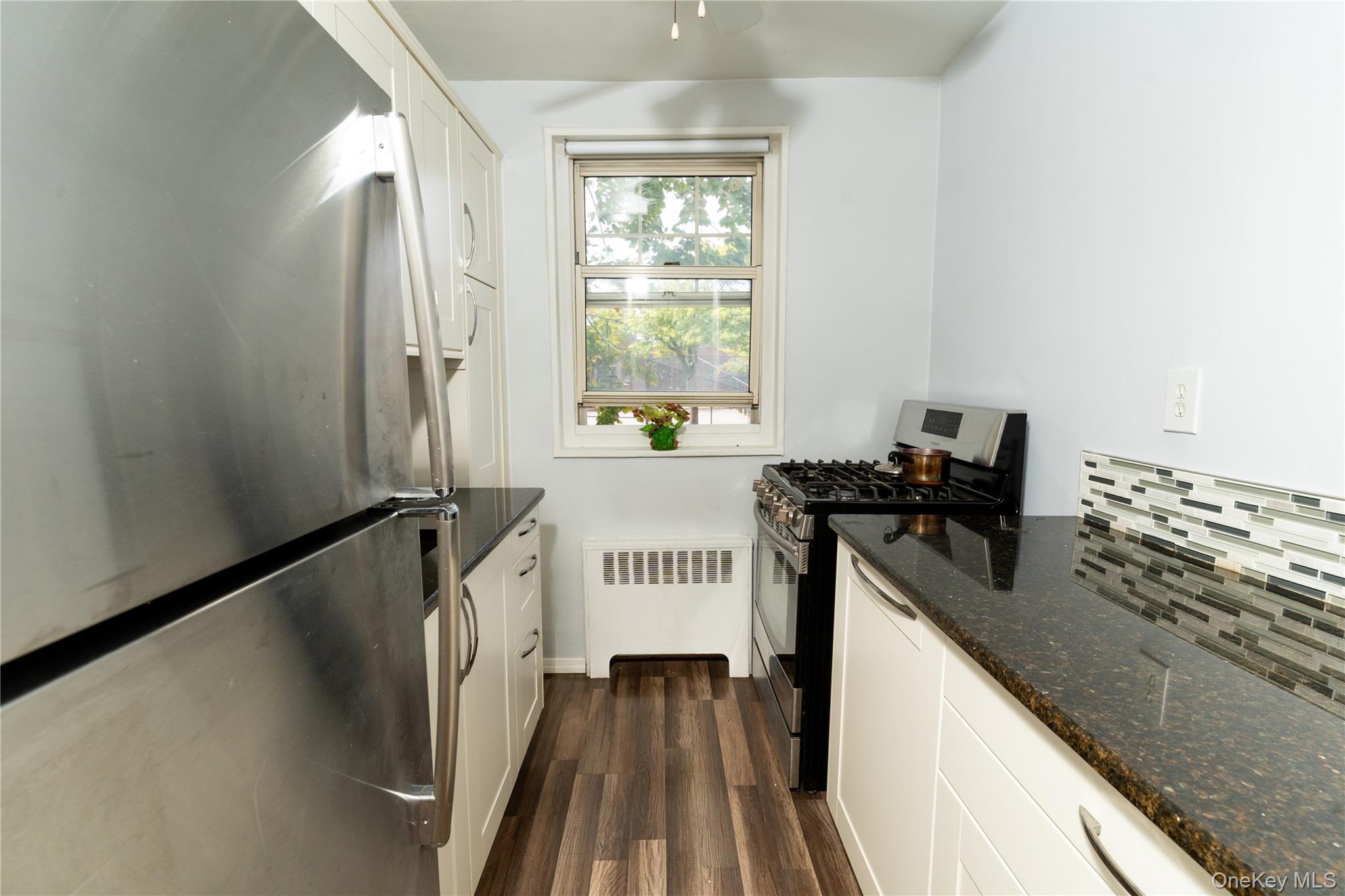61-15 251st Street, Unit 1100 Queens, NY 11362 - Photo 4 of 17 Kitchen with stainless steel appliances, white cabinetry, dark stone countertops, radiator heating unit, and dark wood-style floors