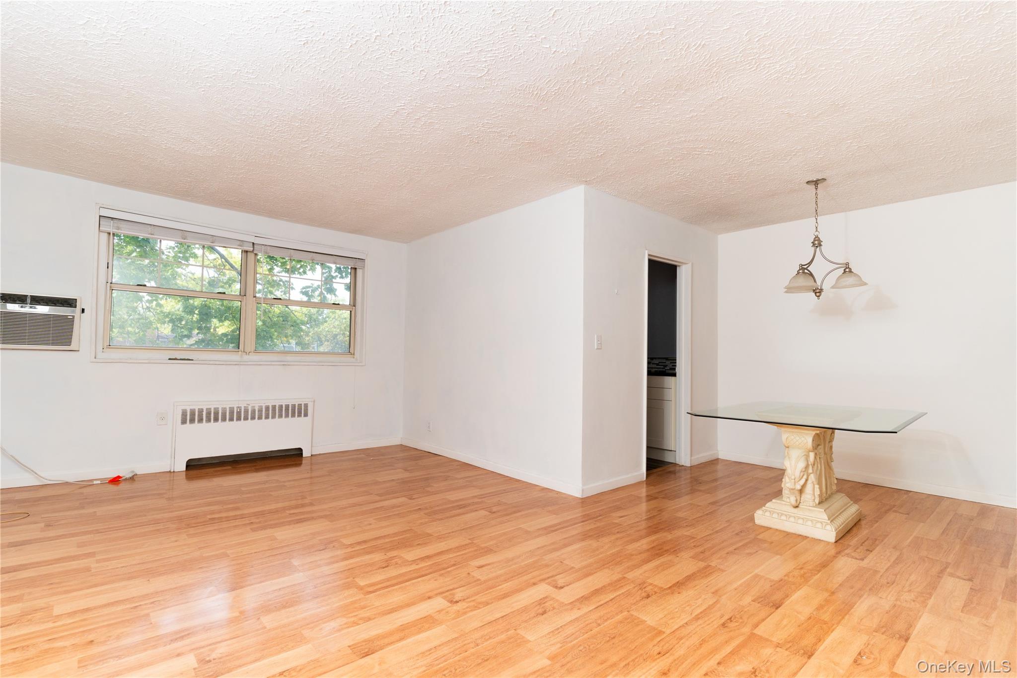 61-15 251st Street, Unit 1100 Queens, NY 11362 - Photo 8 of 17 Living room featuring a textured ceiling, radiator heating unit, light wood finished floors, and a wall mounted air conditioner