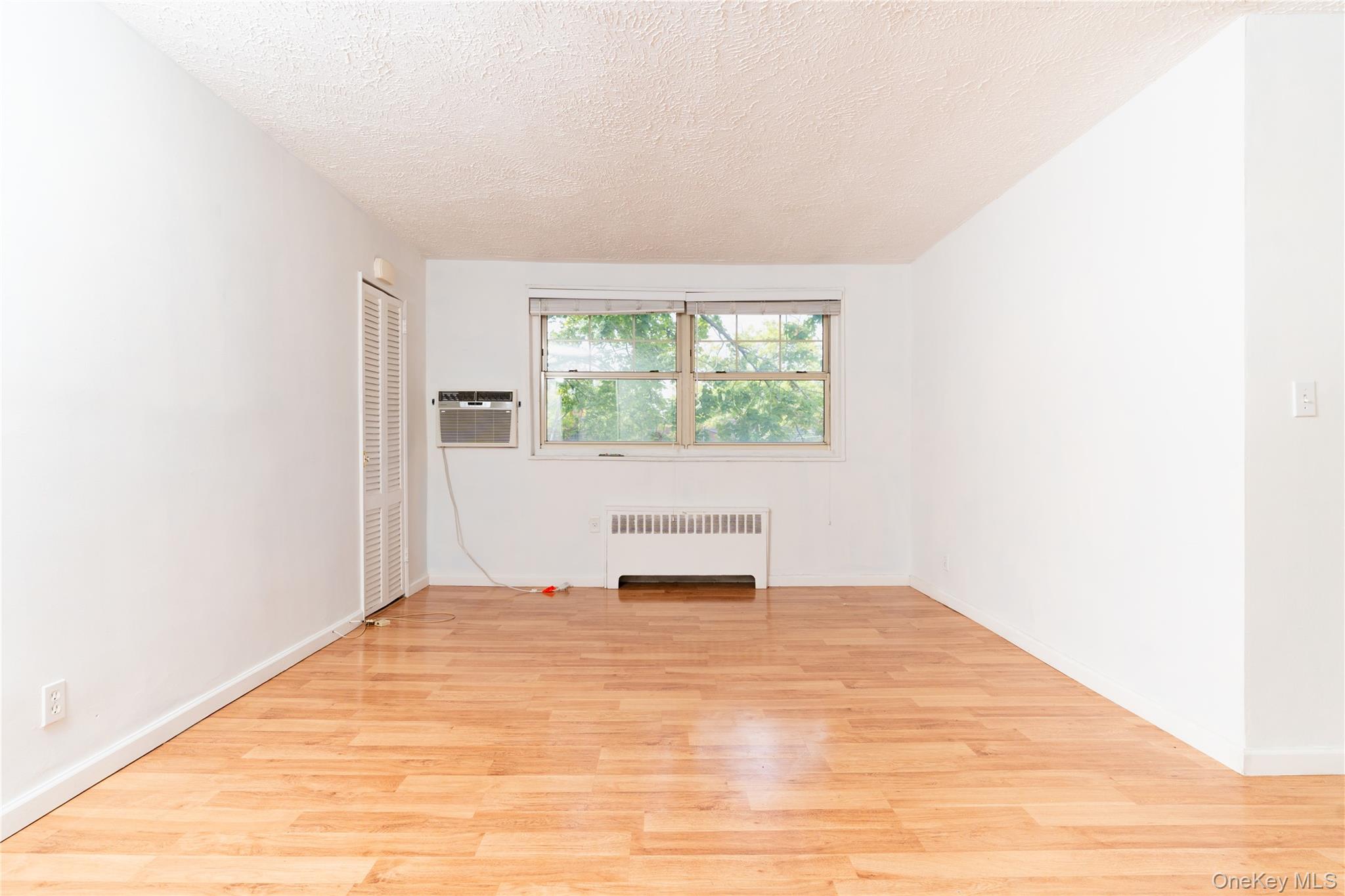 61-15 251st Street, Unit 1100 Queens, NY 11362 - Photo 9 of 17 Living room with radiator heating unit, light wood-style floors, a textured ceiling, and a wall unit AC