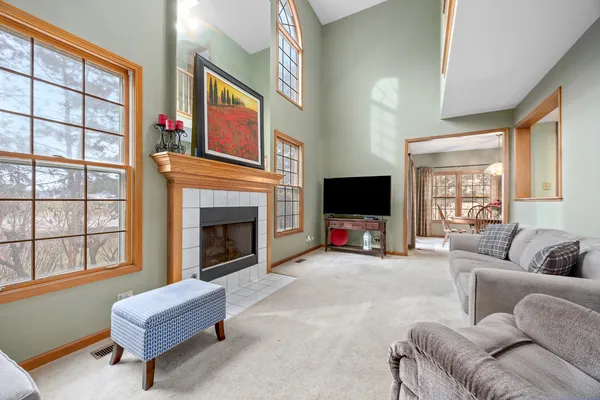 a living room with furniture window and a fireplace