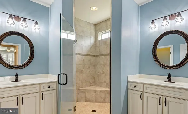 a bathroom with a sink a mirror and a shower