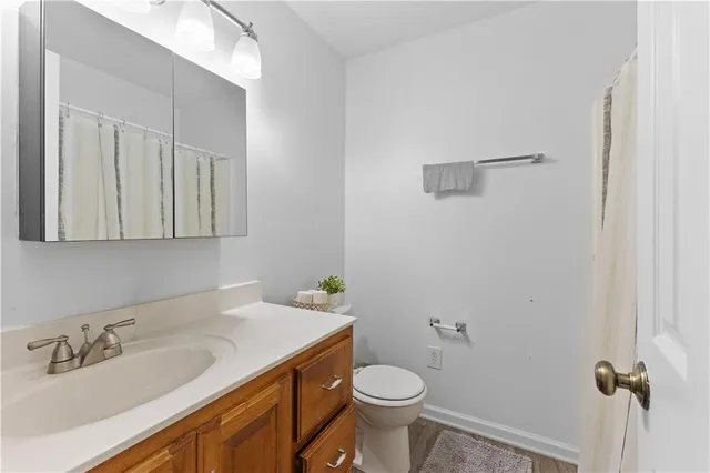 a bathroom with a sink a toilet and a mirror