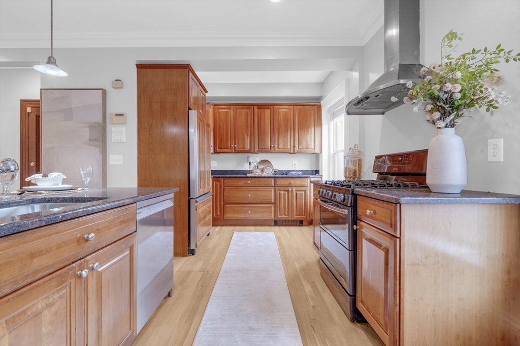 69 Rutland Street, Unit 3 Boston, MA 02118 - Photo 15 of 39 a kitchen with stainless steel appliances granite countertop a refrigerator a sink dishwasher a stove and a dining table with wooden floor