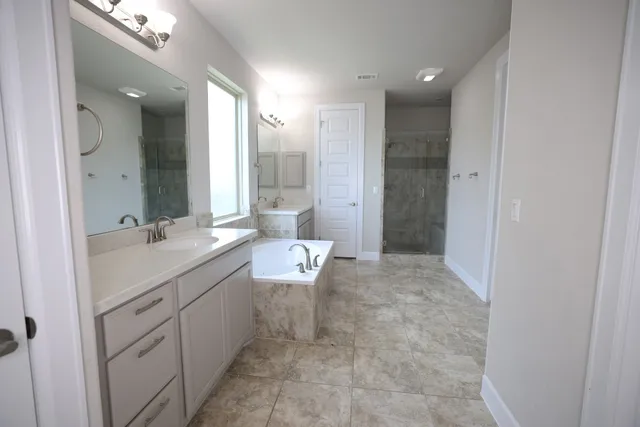 a bathroom with a double vanity sink toilet and a mirror