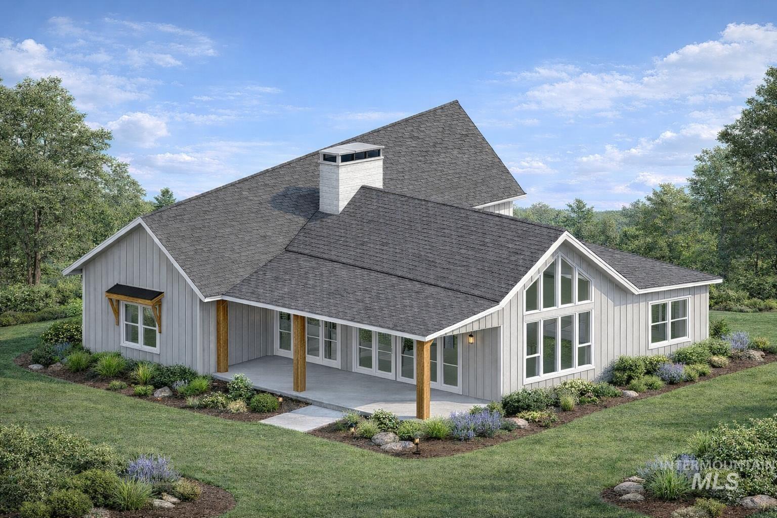 Back of house featuring a shingled roof, covered porch, a lawn, a chimney, and board and batten siding