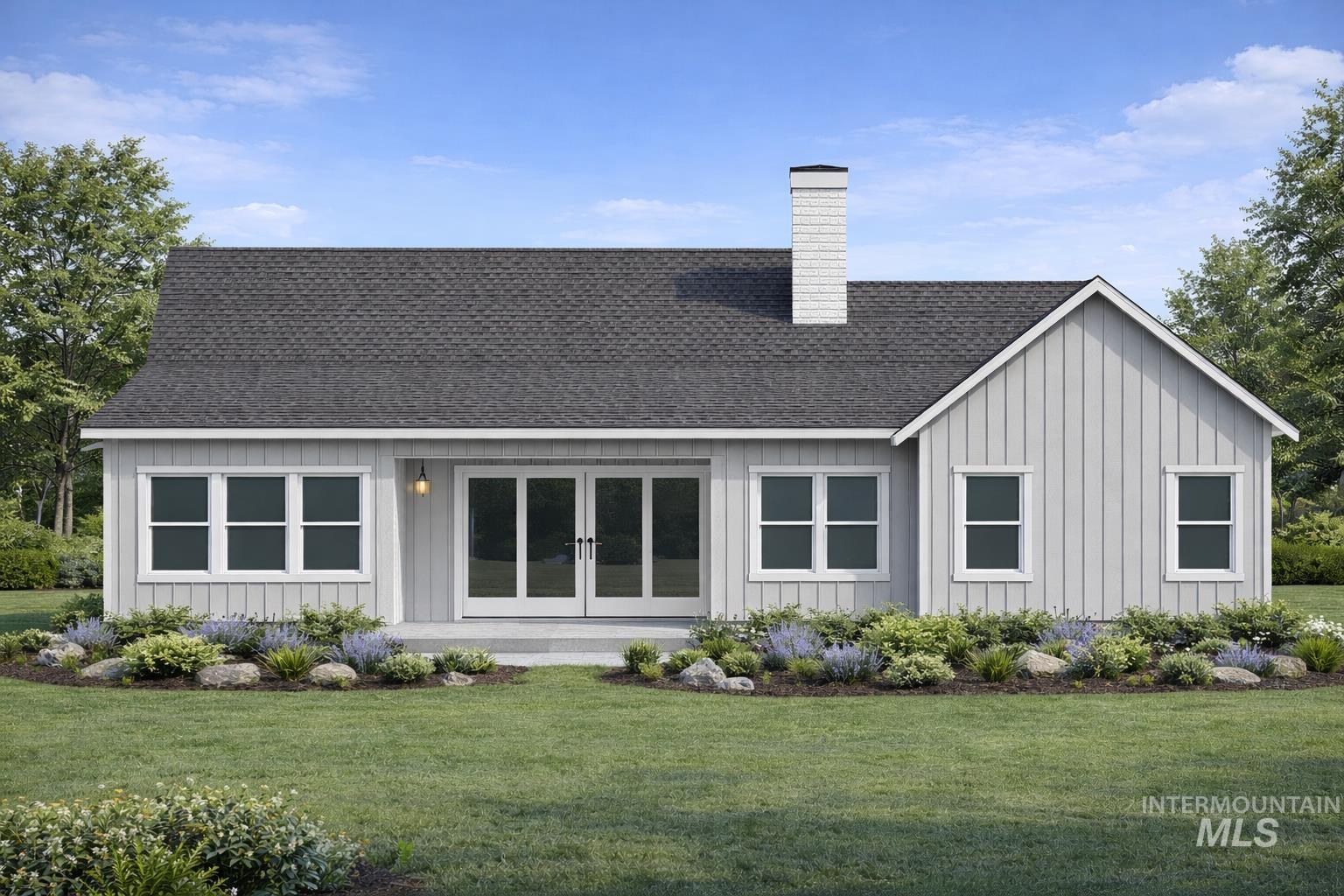 2 Valley High Road Garden Valley, ID 83622 - Photo 5 of 22 Rear view of property with french doors, a lawn, a shingled roof, and board and batten siding