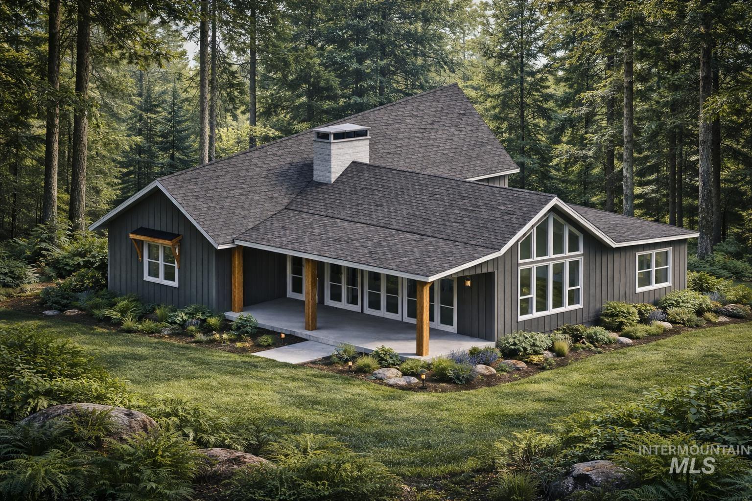 2 Valley High Road Garden Valley, ID 83622 - Photo 7 of 22 View of front of house featuring covered porch, a front yard, a shingled roof, a chimney, and board and batten siding