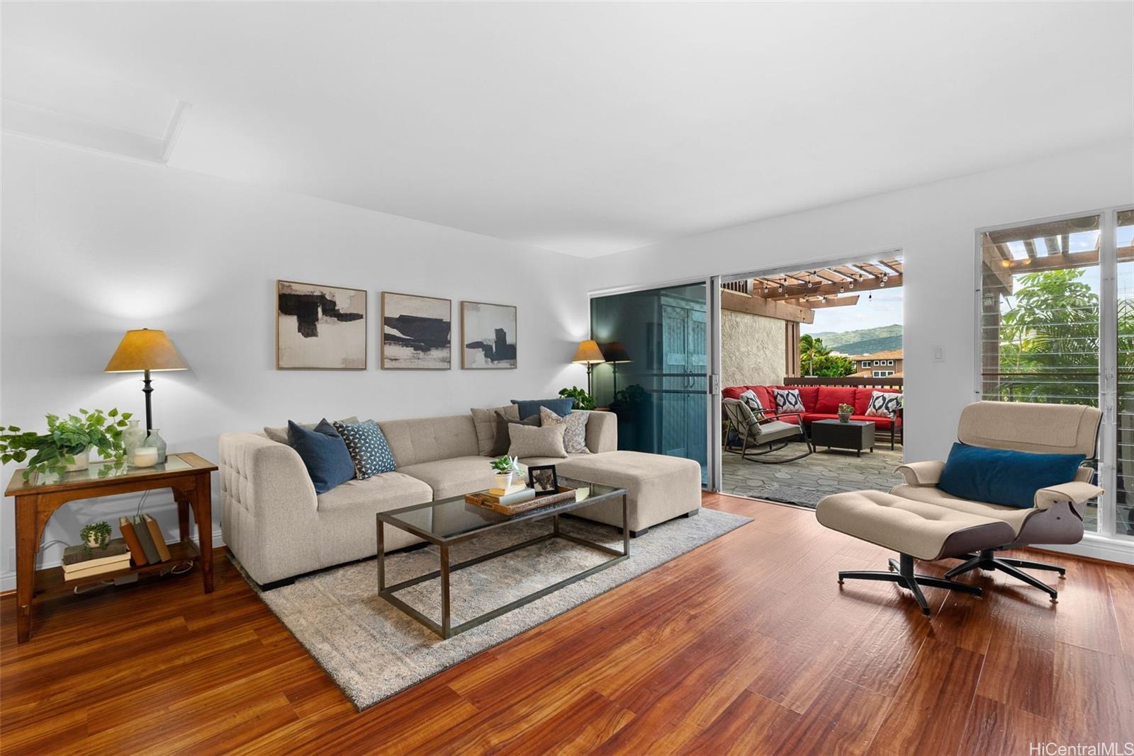 a living room with furniture and a table