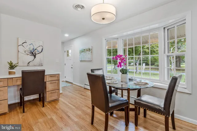 a view of a dining room with furniture window and wooden floor