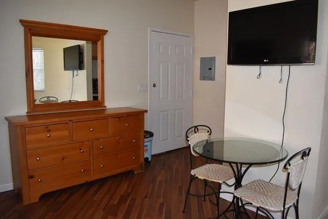 a swimming pool with lots of tress in front of it