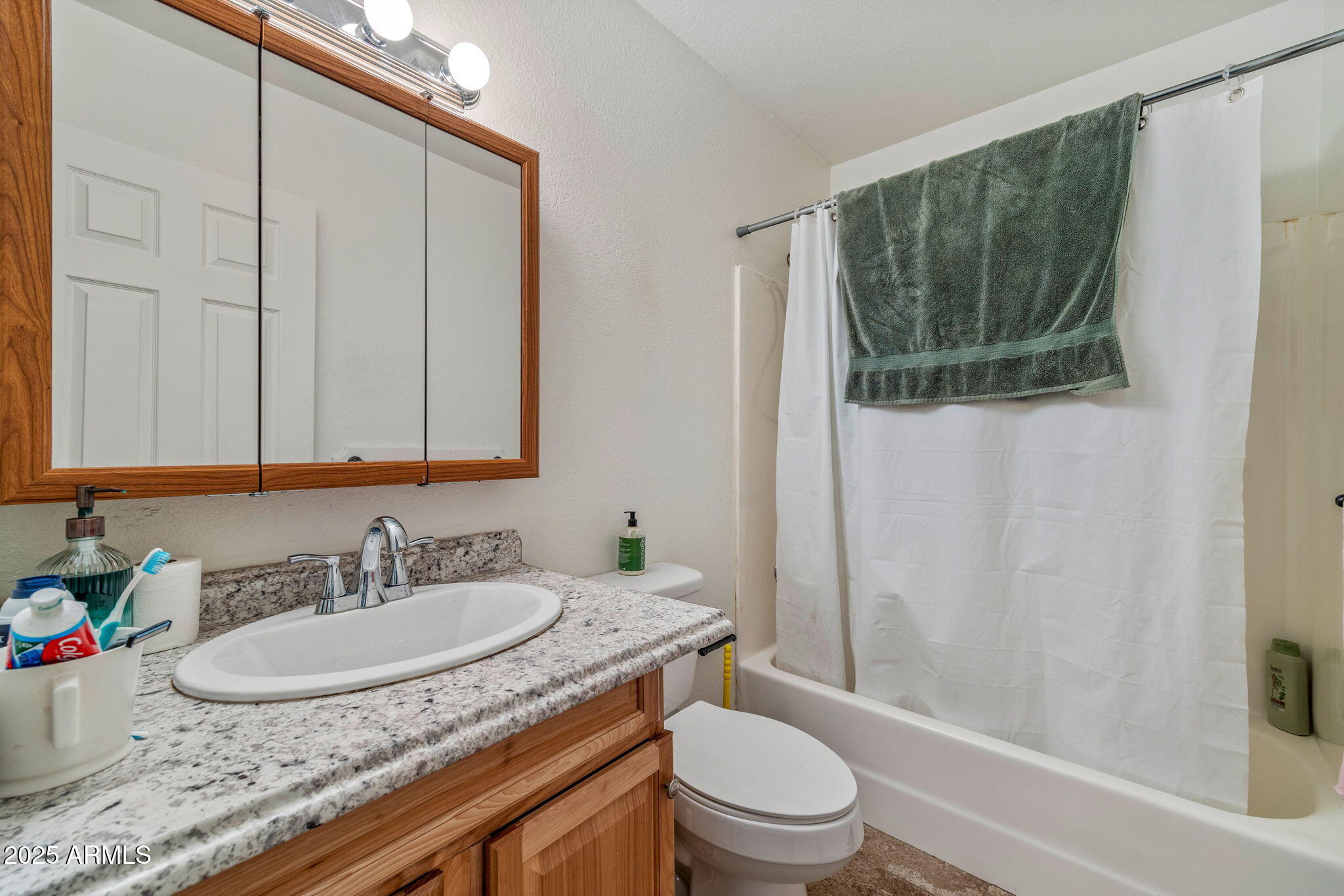 2727 Pine Meadow Drive Overgaard, AZ 85933 - Photo 18 of 34 a bathroom with a granite countertop sink a toilet and shower
