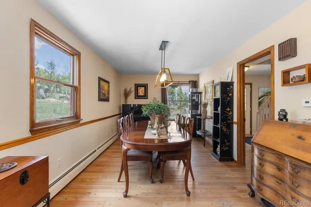 a view of a dining room with furniture window and wooden floor