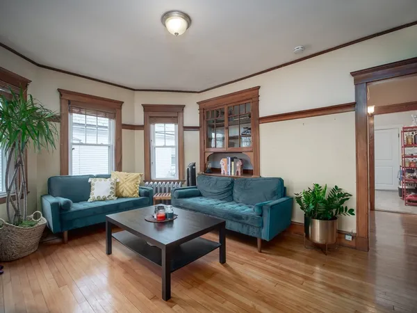 a living room with furniture potted plant and a window