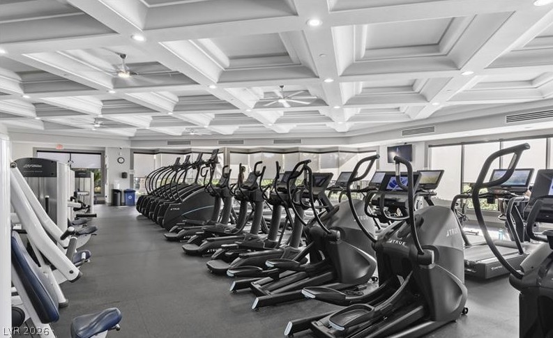 32 Lily Grove Road Las Vegas, NV 89148 - Photo 49 of 53 Exercise room featuring recessed lighting, ceiling fan, and coffered ceiling
