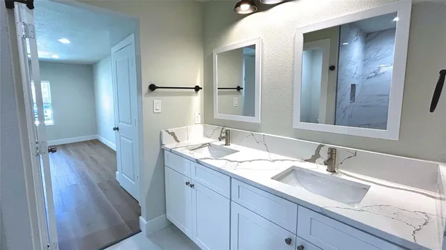 a bathroom with a sink and a mirror