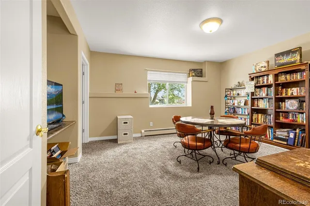 a living room with furniture and a book shelf