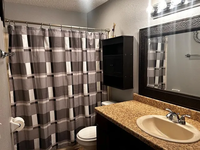 a bathroom with a granite countertop sink toilet and shower