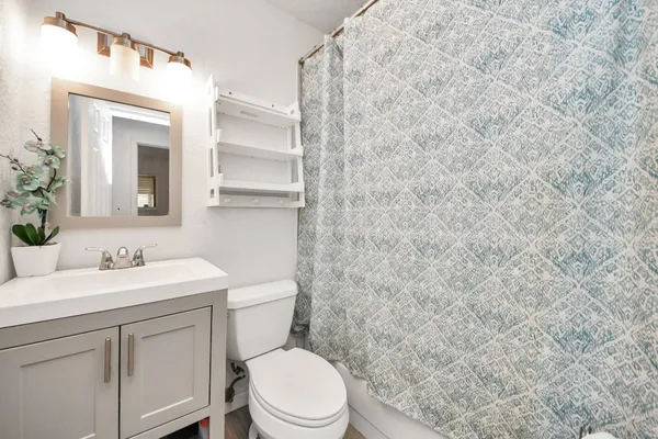 a bathroom with a toilet sink vanity and mirror
