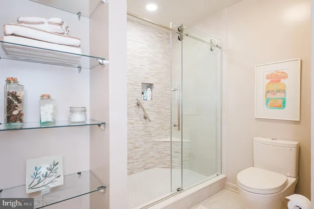 a bathroom with a shower and a toilet