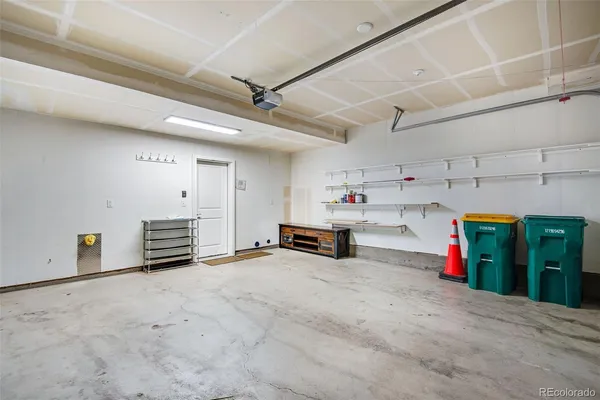 a view of a garage with storage