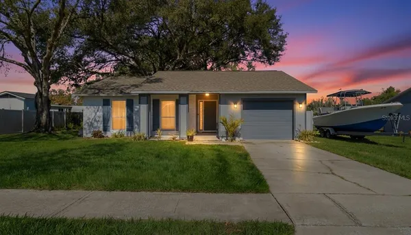 a front view of house with yard and green space