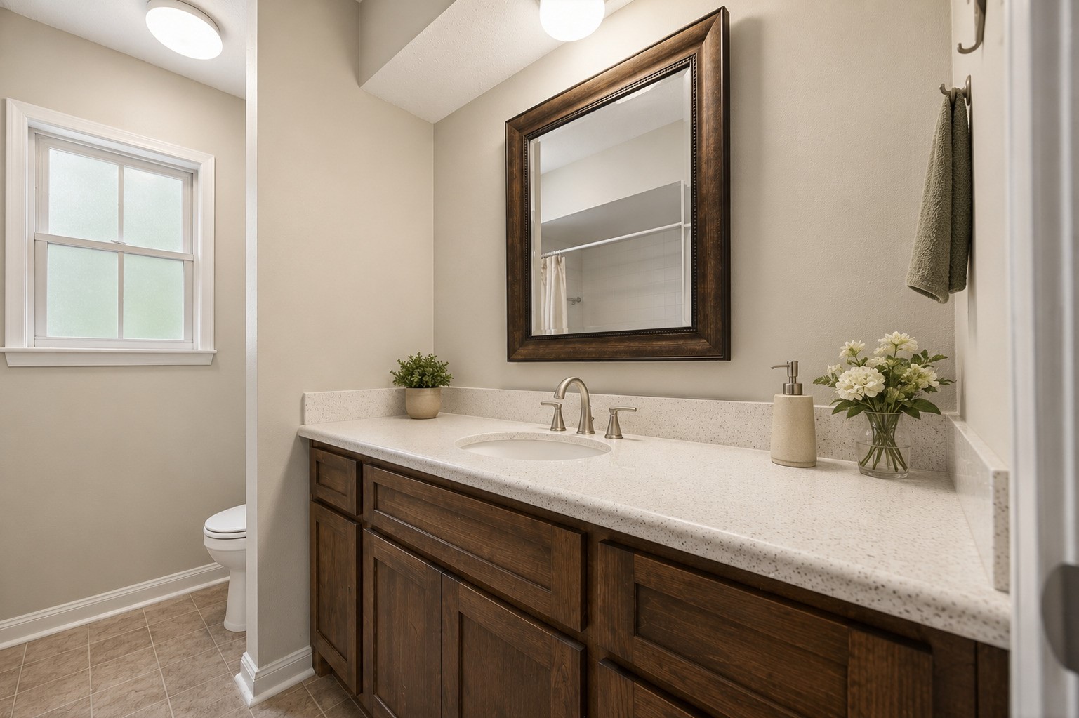 1004 Wagon Road Simonton, TX 77485 - Photo 22 of 40 Secondary bath with custom cabinetry, framed mirror and granite counters.