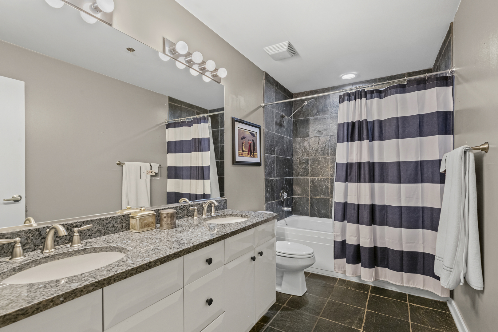 331 South Ridgeland Avenue, Unit B Oak Park, IL 60302 - Photo 14 of 20 a bathroom with a granite countertop sink a mirror a toilet and shower