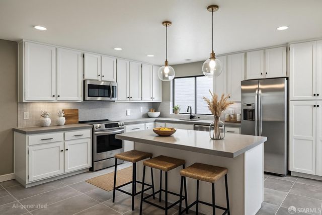 a kitchen with stainless steel appliances granite countertop a sink a stove a refrigerator cabinets and chairs