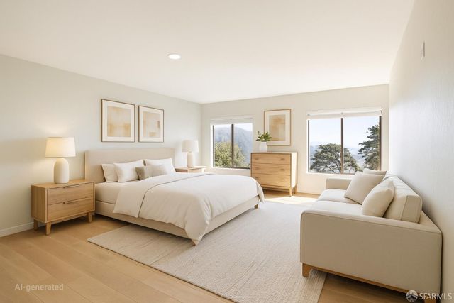 a bedroom with bed and white walls with couch